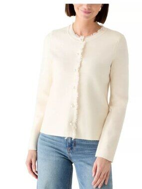 $89 CeCe Women's Fringe Button Front Cardigan Eggnog Size XS